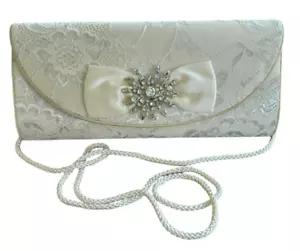 Kate Landry Ivory Lace Evening Bag Bridal Clutch Rhinestone Satin Bow - Picture 1 of 8