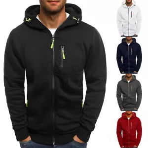Men's Sporty Hooded Sweatshirt with Zip Up Front Slim Fit Long Sleeve Jacket - Picture 1 of 21