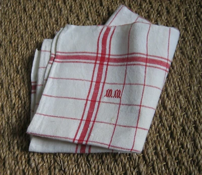 Ancien Torchon à liteaux rouge Monogramme M.M au fil rouge - Photo 1/4