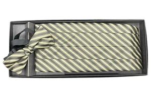Cumberbund and Matching Bow Tie Black and Tan Stripe Wedding Formal Party - Picture 1 of 3
