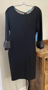 NEW Alice & Olivia Women’s Black Dress Lamb Leather Raffles Trim Sleeves L $368 - Picture 1 of 18