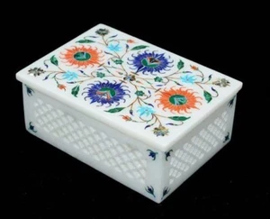 Caja de joyería de mármol piedra semipreciosa fina artesanal incrustación obra de arte - Imagen 1 de 1