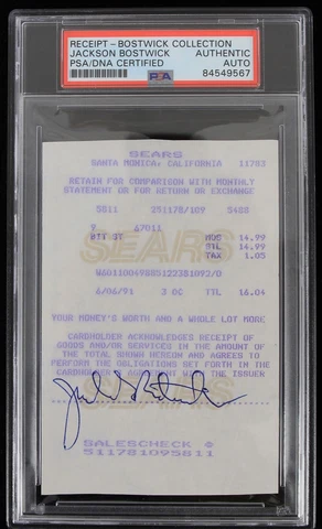 1975 Captain Marvel Jackson Bostwick Signed Sears Receipt (PSA/DNA Slabbed) Cover