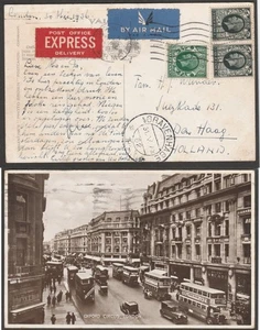 GB to Holland LONDON George V 4d x2 1/2d Air Express Oxford Circus rppc 1936 - Picture 1 of 1