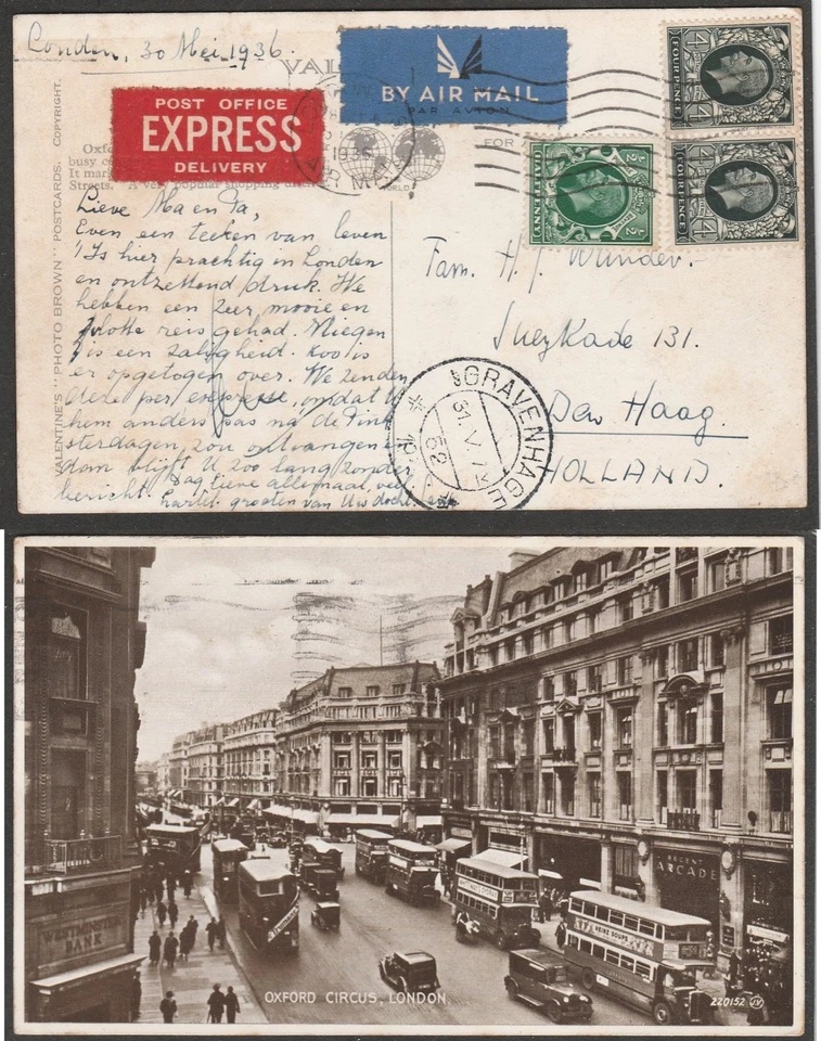 GB to Holland LONDON George V 4d x2 1/2d Air Express Oxford Circus rppc 1936 - Image 1 of 1