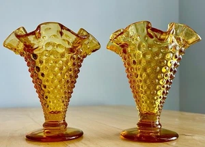 2 Vintage Fenton Amber Glass Hobnail Ruffled Edge Small Bud Vase 3.75 inches - Picture 1 of 7