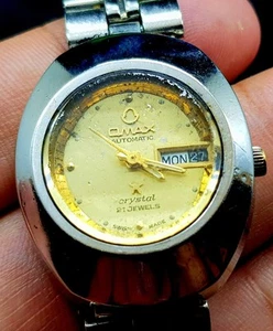 Vintage Of OMAX Automatic Crystal Day Date 21 Jewels Swiss MadeWaman Wrist WATCH - Picture 1 of 20