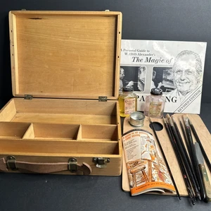 Grumbacher Vintage Holz Künstlerkoffer Palettenbox Leder Schwalbenschwanz mit Extras - Bild 1 von 24