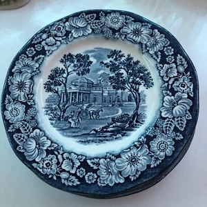 SET OF 4 6” VINTAGE LIBERTY BLUE STAFFORDSHIRE MONTICELLO SAUCER BREAD PLATES - Picture 1 of 3
