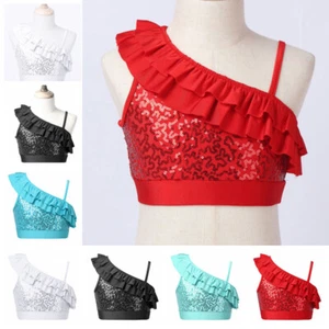 Kid Girl Sequins Vest Ruffle Across Off Shoulder Crop Top Jazz Hip-Hop Dancewear - Picture 1 of 62