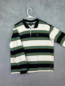 Volcom Polo Shirt Mens Size L Black Off white Striped Long Sleeve Skater Surfer - Picture 1 of 11