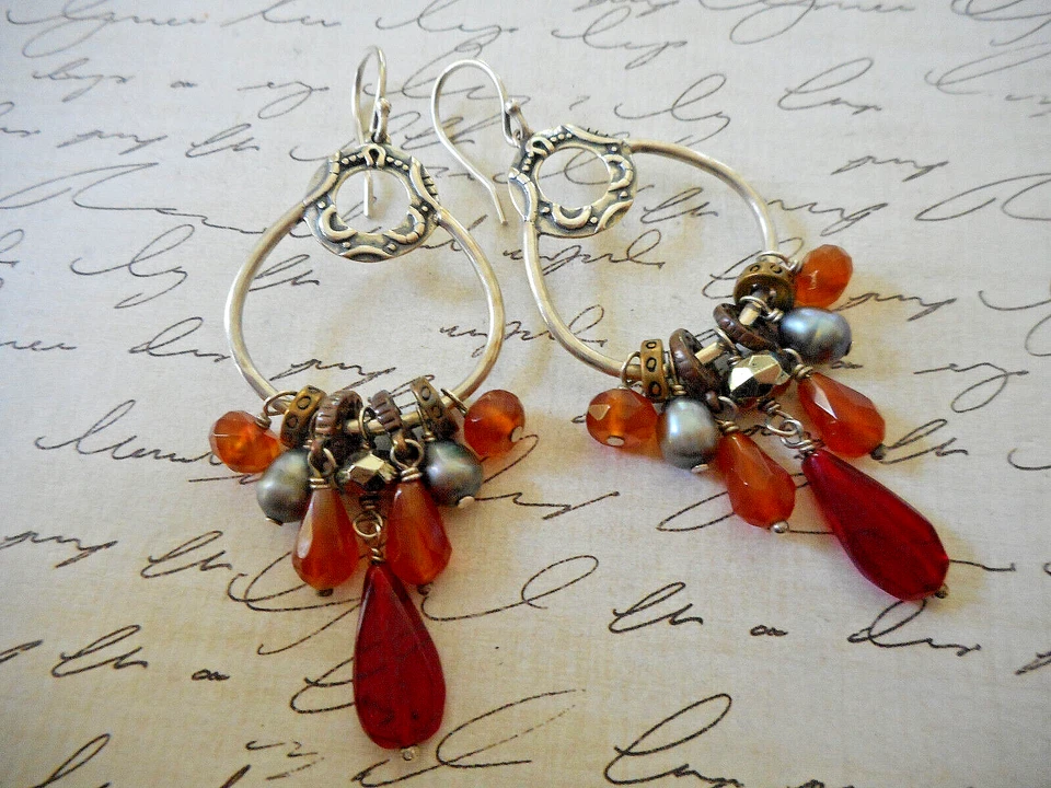 W2420 Sterling Copper Silpada Red Radiate Glass Pearl Pyrite Earrings  RE39 - Image 1 of 4