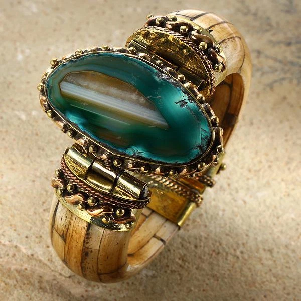 Nuevo Brazalete Brazalete Tara Mesa Teal Bandas Ágata y Hueso Foto 1 de 1