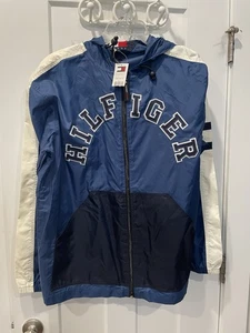 Rare VTG TOMMY HILFIGER Arch Logo Windbreaker 90s Large Blue White - Picture 1 of 11
