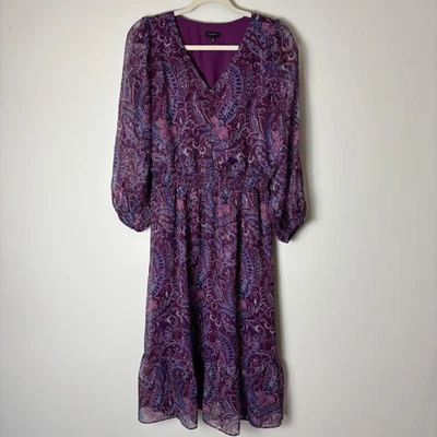 Talbots Dress Women's 10 Paisley Long Sleeve Midi Metallic Sheer Lined Tiered - Image 1 of 4