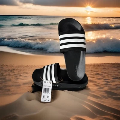 Sandalias Adidas Adillette para hombre talla 9. Negro con rayas blancas. Nuevo Foto 1 de 4