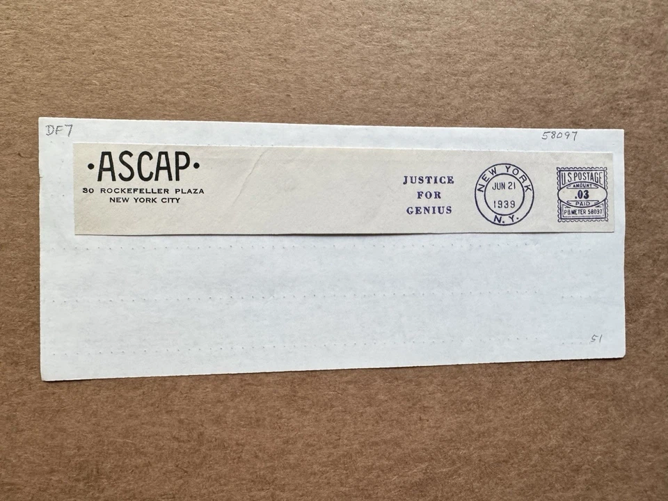 US Law Thematic Meter Cover Cut-Piece (51) +1939 Justice For Genius Meter+ASCAP - Image 1 of 1
