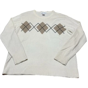 Geoffrey Beene Beige Cashmere Sweater Diamond Argyle Long Sleeve Pullover Mens M - Picture 1 of 6