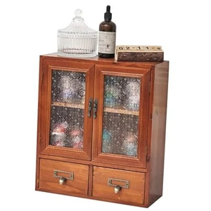 Geometric Motif Mahogany Storage Cabinet with Floral-Embossed Pressed Glass - Picture 1 of 8