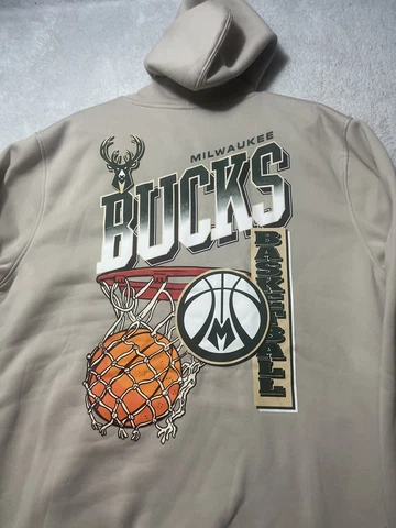 Milwaukee Bucks Hoodie Sweatshirt, Extra large￼, Khaki￼, NBA Graphic back EUC* Cover