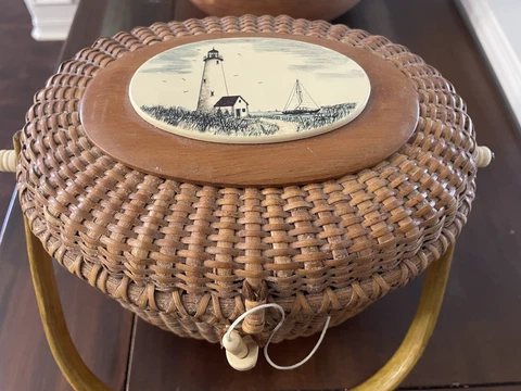 Vintage Wicker Handbags Purse With Light house and sail boat Cover
