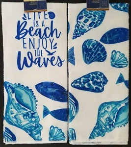 Seaside Beach Seashore Shellfish/Fish Hand Towels 2/Pk, ‘Life is a Beach.’, S21c - Picture 1 of 4