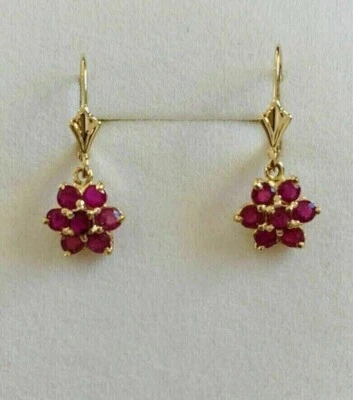 3Ct Round Lab-Created Ruby Women Drop Dangle Earring 14k Yellow Gold Plated - Image 1 of 3