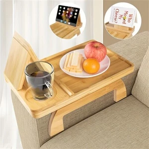 1pc Bamboo Sofa Armrest Tray ,Adjustable Height, 360° Rotating Phone Holder, - Picture 1 of 8