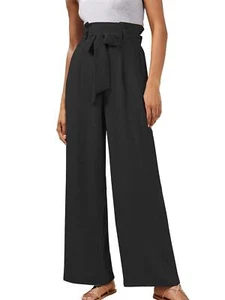 Womens Casual High Waisted Wide Leg Pants Belted Long Trousers with Pockets - Picture 1 of 14