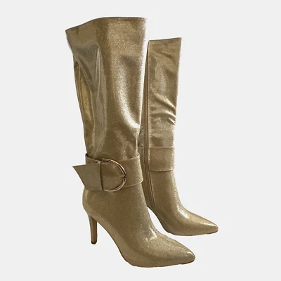 Modatope Knee High Boots Women Size 7.5 Gold Heels Patent Leather Pointed Toe - Image 1 of 4