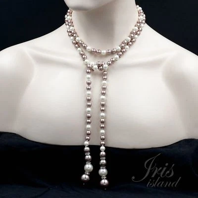 Women Elegant White Bronze Glass Pearl Fasten Lariat Adjustable Necklace 01822 - Image 1 of 4