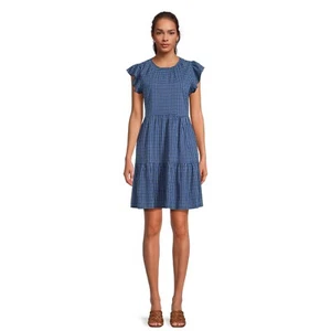 Time and Tru Women's Tiered Dress with Flutter Sleeves Navy Plaid Many sizes New - Picture 1 of 6