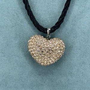 Tresor Paris necklace crystal paved heart 925 sterling silver black cord enamel - Picture 1 of 12