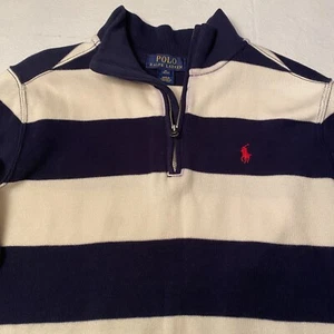 Polo Ralph Lauren Boys 1/4 Zip Sweater- Striped Navy Blue/White- Size M (10/12) - Picture 1 of 4