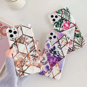 For iPhone 14 13 12 11 Pro Max Case Laser Flower Plating TPU Marble Cover - Picture 1 of 13
