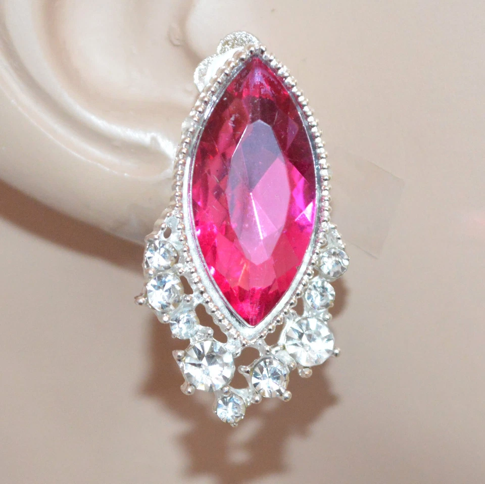 Orecchini a clips donna argento cristallo rosa fucsia strass lobo bottone UW115 - Immagine 1 di 1