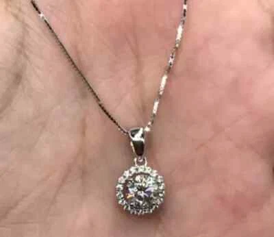 1.24CT Round Cut Lab Created Diamond Halo Wedding 14K White Gold Finish Pendant - Image 1 of 4