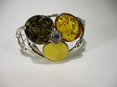 sterling silver amber cuff bracelet handcrafted/ leaf design — 第 1/4 张图片