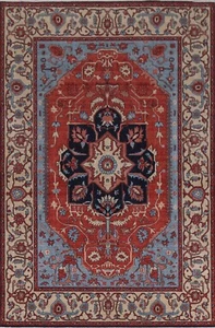 Red/ Ivory/ Blues Heriz Serapi Turkish 7x10 Area Rug Handmade Living Room Carpet - Picture 1 of 12