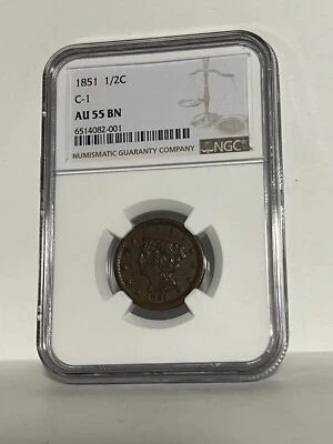 NGC AU-55 BN 1851 Braided Hair Half Cent, Well-detailed, attractive specimen. - Image 1 of 2