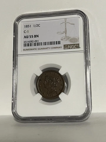 NGC AU-55 BN 1851 Braided Hair Half Cent, Well-detailed, attractive specimen Cover