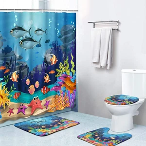 4 Piece Shower Curtain Sets, Blue Ocean Fish with Non-Slip Rugs, Toilet Lid Cove - Picture 1 of 7