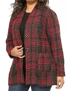 NEU LANE BRYANT ROT SCHWARZ KARIERT SCHIMMERND BOUCLE JACKE GRÖSSE 14/16 - Bild 1 von 7