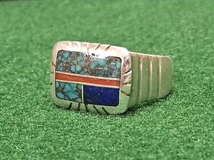 Vtg Navajo Ray Tracey Turquoise Coral Lapis Inlay Sterling Silver Ring Size 6.75 - Picture 1 of 20