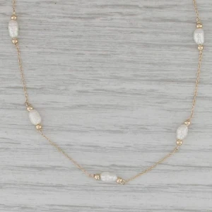 Fresh Water Rice Krispie Cultured Pearl Station Necklace 14k Gold 17" Rope Chain - Picture 1 of 6