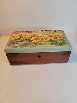 Painted Cedar Wood Box Yellow Color Decoupage Rice Paper Sunflowers  Upcycle  - Image 1 of 4