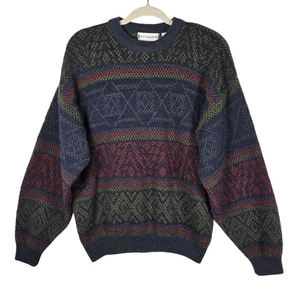 Vintage Sweater Mens Large Blue Green Geometric Oversized Dad 90s Streetwear - Picture 1 of 12