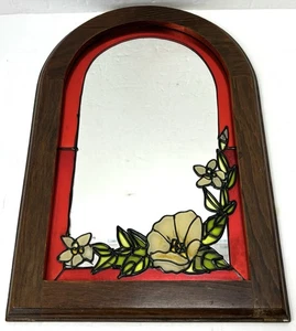 Vintage Wooden Framed Arched Mirror w/ Faux Stained Glass Flowers & Red Outlined - Picture 1 of 7