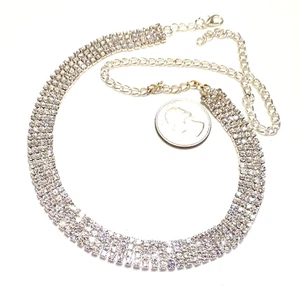 Splendido set 4 file punte strass girocollo maglia flessibile tono argento - Foto 1 di 2