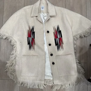 Vintage 70s Ortega's Chimayo Poncho Jacket N.M. Wool Hand Woven Fringe Large - Picture 1 of 8